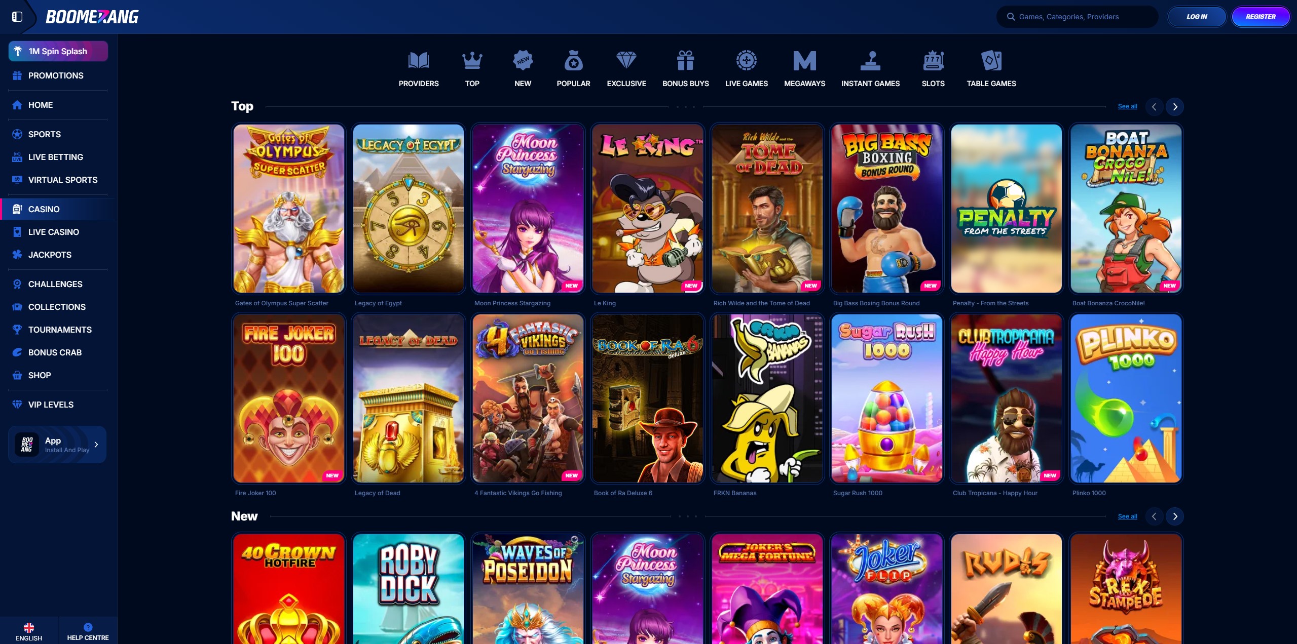 Screenshot der Boomerang Casino Spielelobby mit vielen Slots